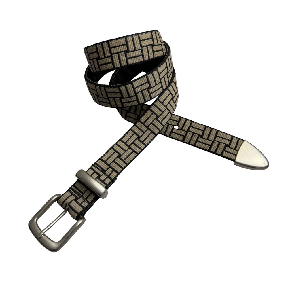 Croakies Belt Mens 38 Tan Black Geometric Basketweave Woven Webbing Outdoor Gorp